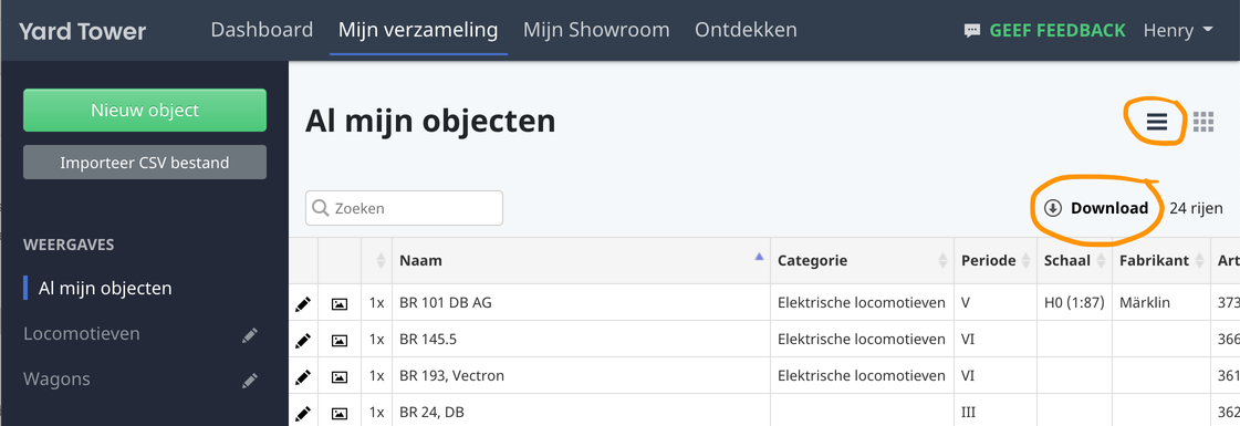 Download modeltreinen verzameling als PDF of Excel