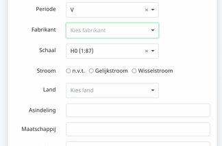 Zoeken naar modeltrein fabrikant in dropdown menu