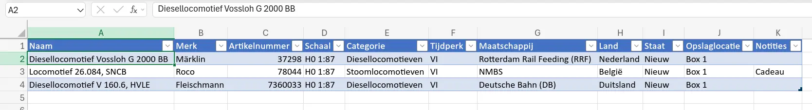 Schermafbeelding van modeltrein verzameling in Excel met tabel