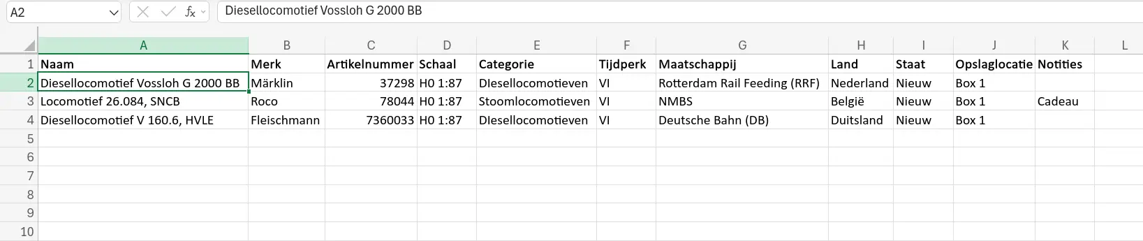 Schermafbeelding van modeltrein verzameling in Excel