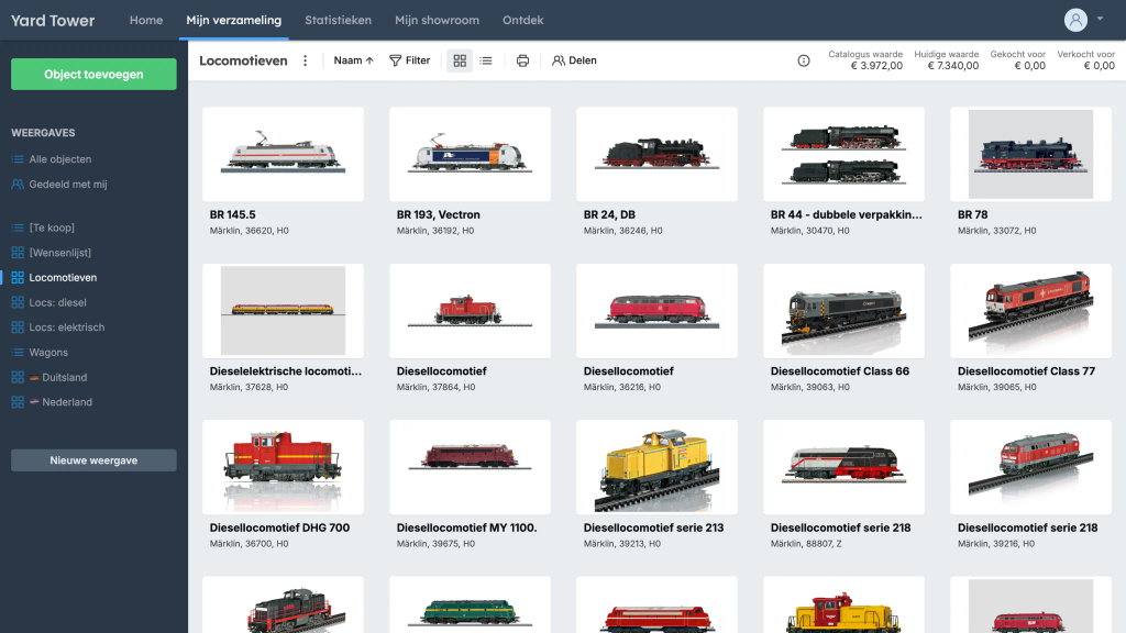 Schermafbeelding van de fotogalerij in Yard Tower met afbeeldingen van modeltreinen in een overzichtelijk raster