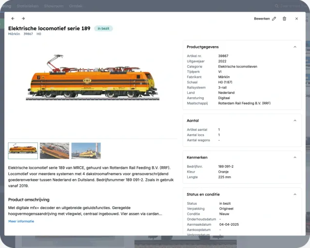 Schermafbeelding met gedetaileerde informatie en afbeelding van een Serie 189 modeltrein locomotief in Yard Tower