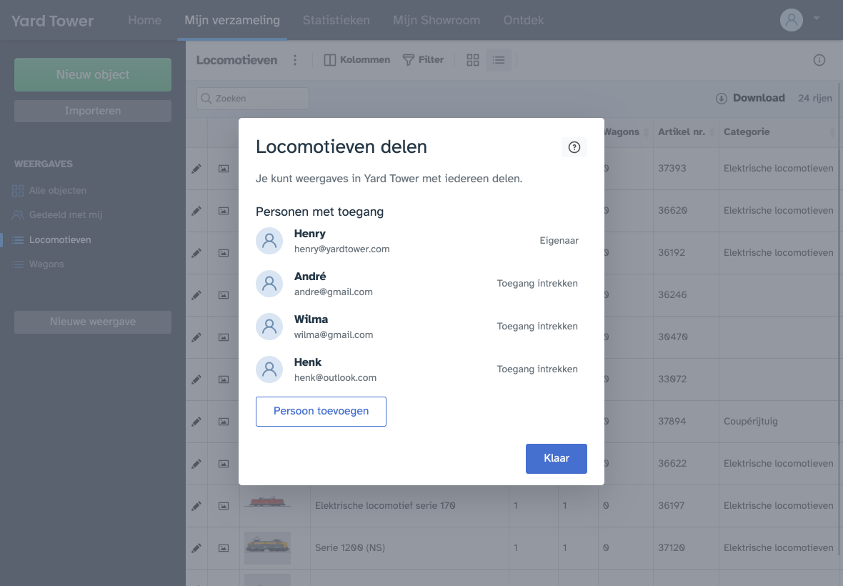 Modeltrein verzameling delen met andere personen in Yard Tower