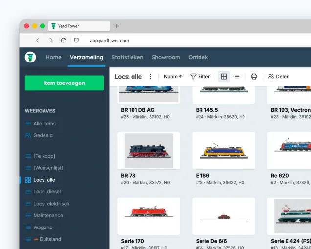 Schermafbeelding van geïnventariseerde modeltreinen getoond als afbeelding galerij in Yard Tower