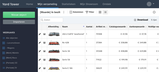 Afbeeldingen van modeltreinen in een tabel in Yard Tower