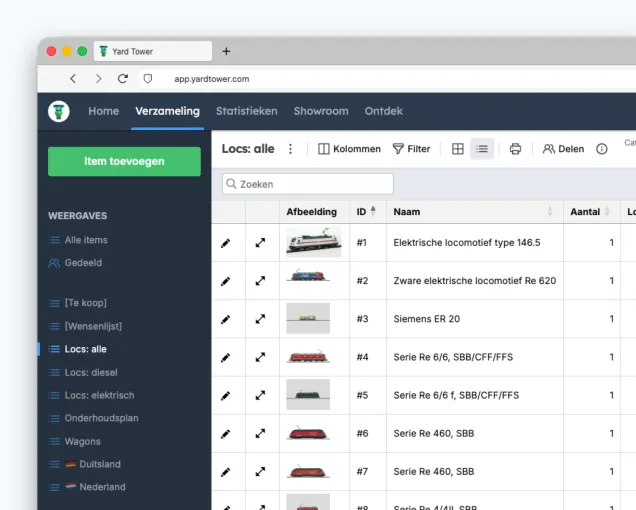 Schermafbeelding van modeltreinen geïnventariseerd in een database in Yard Tower