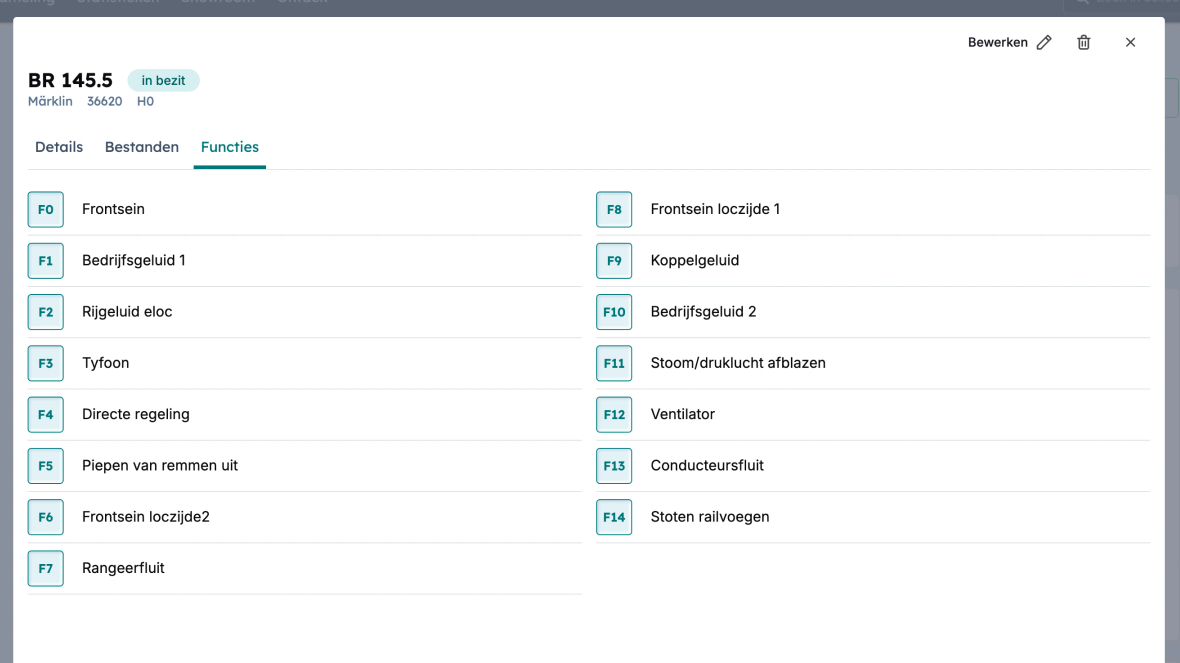 Functies invoeren bij het inventariseren van modeltreinen in Yard Tower